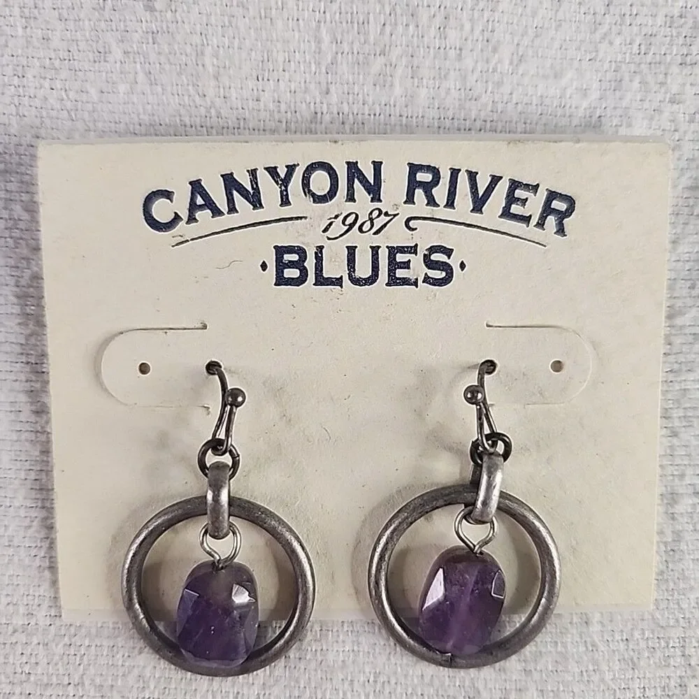 Earrings Amethyst Oval in Hoop Dangle Jewelry Canyon River Blues 1987 Hook VNTG